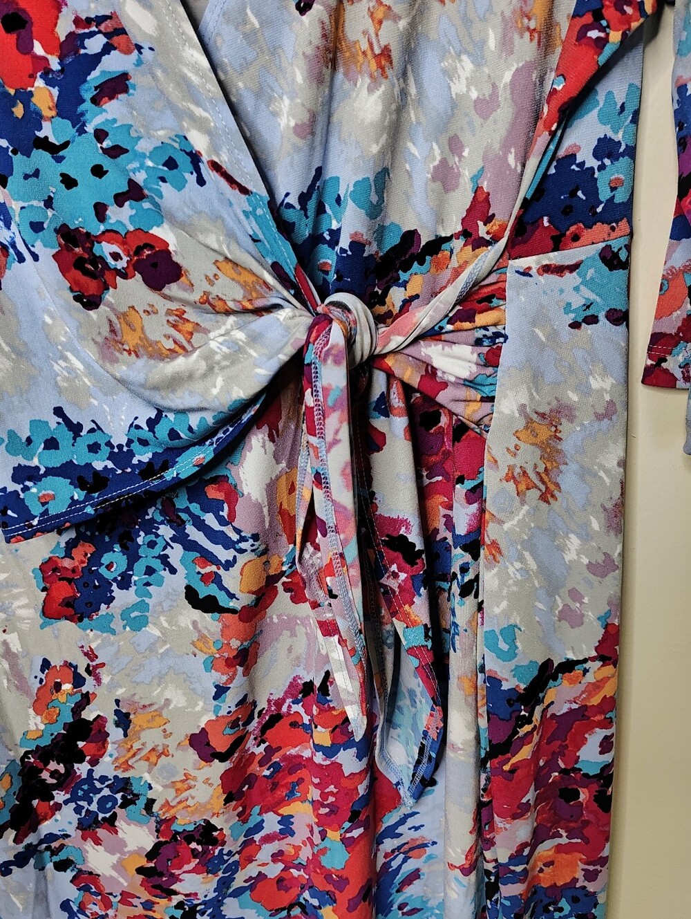 George XL Watercolor Floral Faux Wrap Tie Front Dress 3/4 Sleeve - Picture 5 of 5